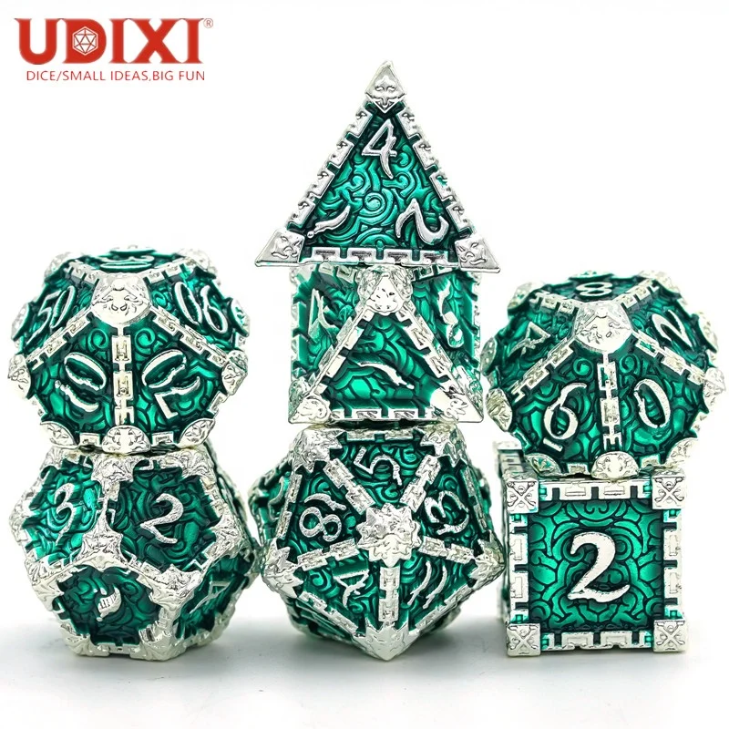 

Udixi Sliver Metal Green Font Polyhedral Dice for DND RPG MTG Board or Card Games Dungeons and Dragons Dagger Font Dice Set