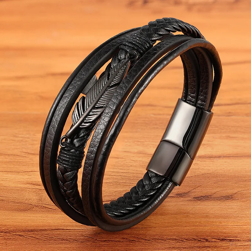 

Fashion Braided Genuine Leather Bracelet Stainless Steel Magnetic Clasp Bracelet Layered Handmade Leather Bracelet
