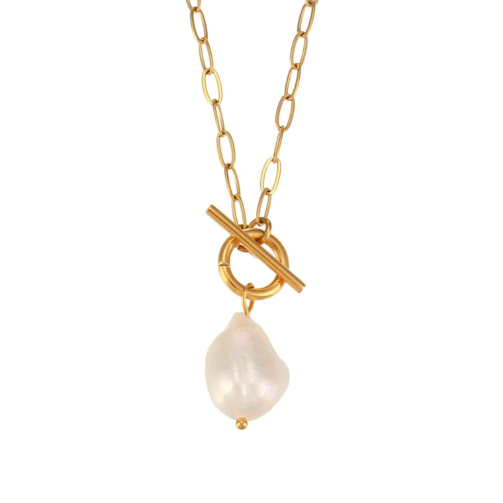 

18K Gold Plated Stainless Steel Paper Clip With Pendant Chain Link Big Freshwater Baroque Pearl Charm OT button Necklace