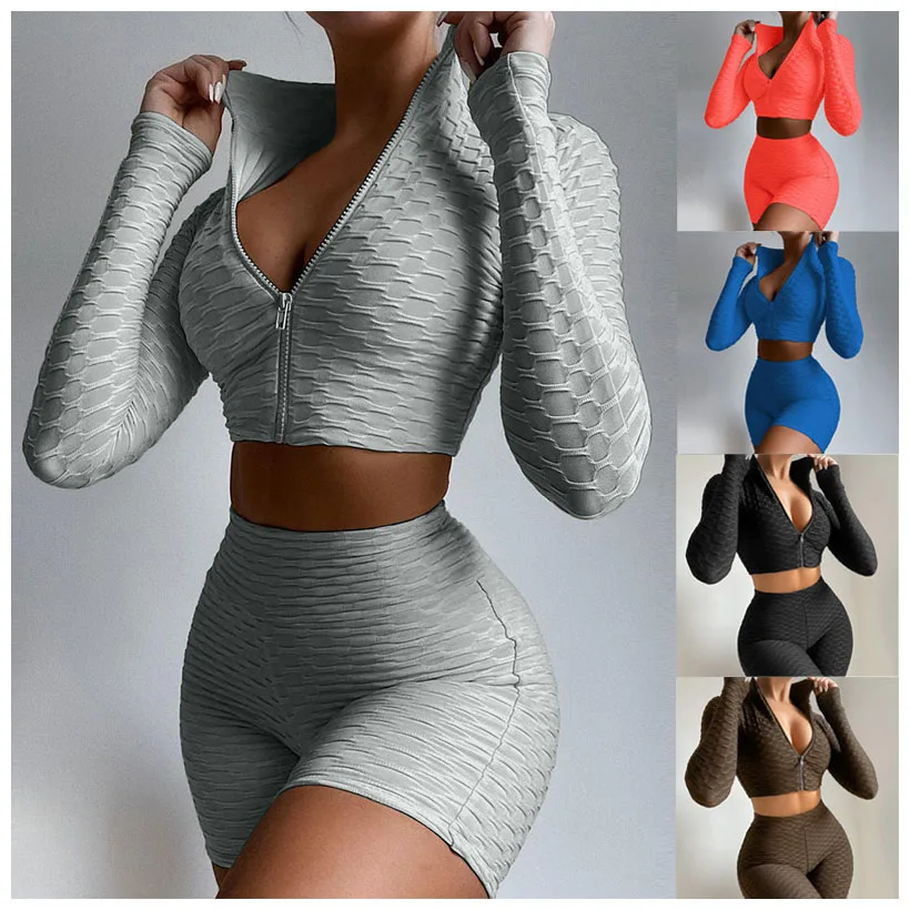 J11058 women Zip crop top and short suits solid colors long sleeve sportswear suit Yoga Outfit, Black, gray, blue, coffee, orange
J11058 women Zip crop top and short suits solid colors long sleeve sportswear suit Yoga Outfit, Black, gray, blue, coffee, orange