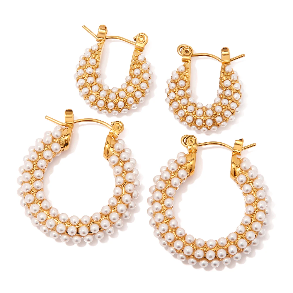 

18k Gold Plated Stainless Steel Cubic Zirconia Jewelry Classic Hammered Shape Pearl Hoop Earrings For Girls