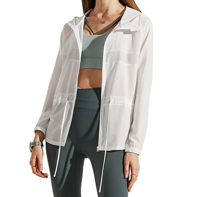 Sun protection white women's clothing ice silk mesh thin anti-UV string sport fitness yoga top jacket with hoodie, Picture shows
Sun protection white women's clothing ice silk mesh thin anti-UV string sport fitness yoga top jacket with hoodie, Picture shows