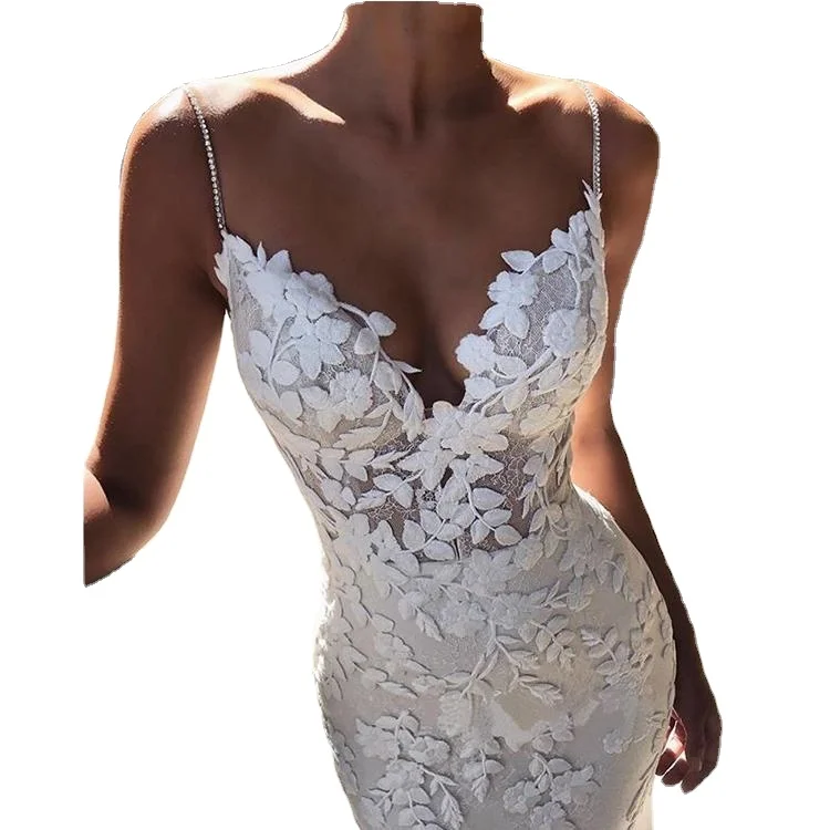 White Lace Embroidered Spaghetti Strap Backless Slit Bridal Gown Long Wedding Dress
White Lace Embroidered Spaghetti Strap Backless Slit Bridal Gown Long Wedding Dress