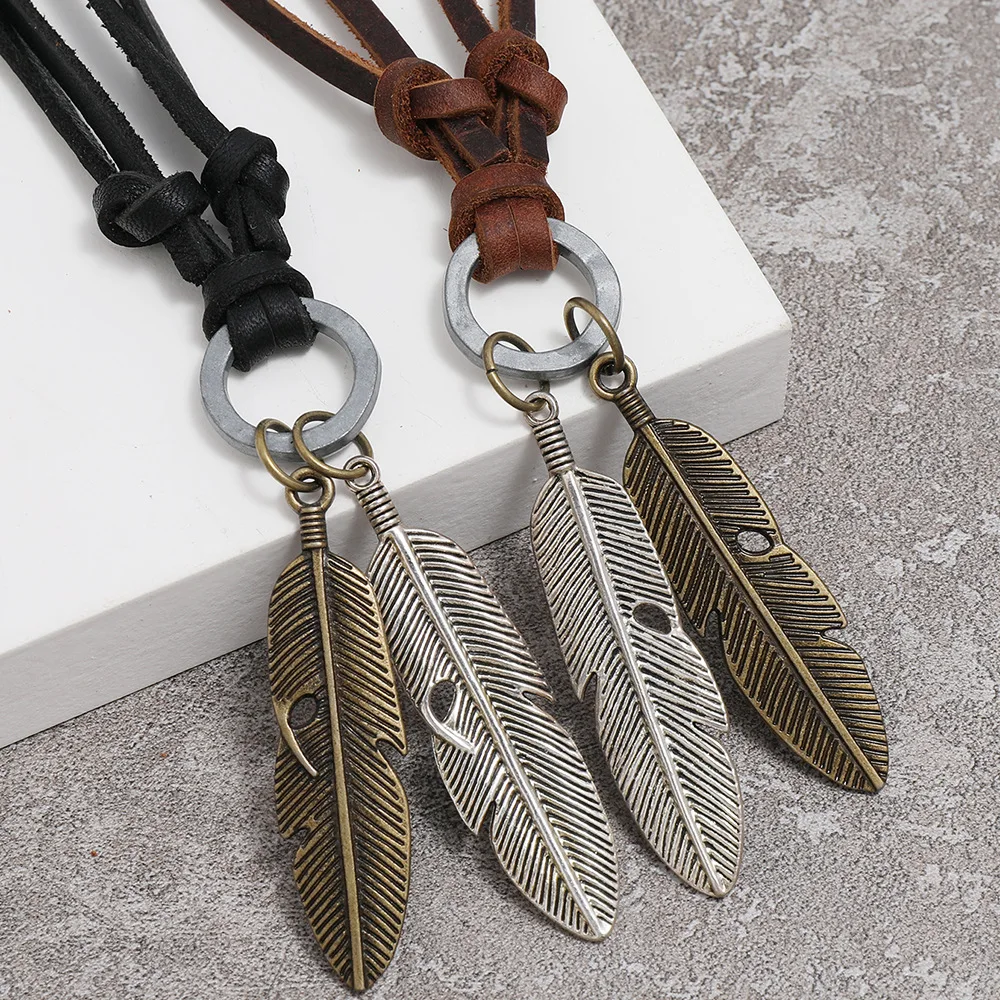 Vintage Leather Cord Jewelry Bronze Feather Pendant Necklace Hip-hop Sweater Necklace
Vintage Leather Cord Jewelry Bronze Feather Pendant Necklace Hip-hop Sweater Necklace