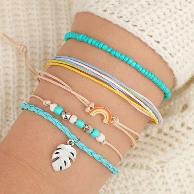 Wholesale Trendy Braided Rope Bracelet Beach Rainbow Beige Beads Leaf Pendant Bracelet for Women, Colorful
Wholesale Trendy Braided Rope Bracelet Beach Rainbow Beige Beads Leaf Pendant Bracelet for Women, Colorful