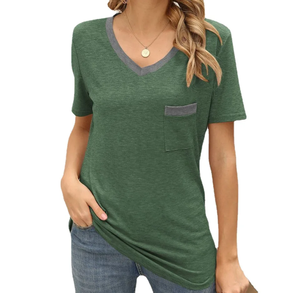 Spring and summer new Ladies Contrast Pocket 2021 new arrivals short-sleeved t-shirt V-Neck women's t-shirts, Black/green/grey/khaki/white/brick red/royal blue
Spring and summer new Ladies Contrast Pocket 2021 new arrivals short-sleeved t-shirt V-Neck women's t-shirts, Black/green/grey/khaki/white/brick red/royal blue