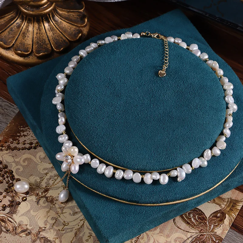 

White Freshwater Cultured Baroque Double Light Pearl Necklace For Women Elegant 18k Gold Buckle Floral pearl necklace