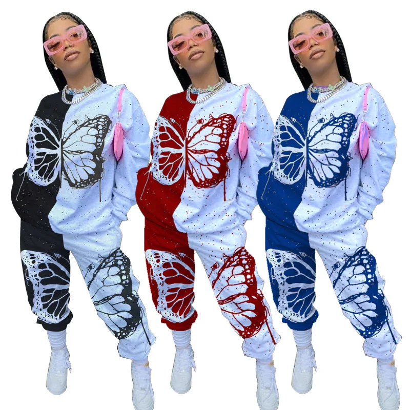 Butterfly Printing Fleece Sweatsuit Ladies Jogging Two Piece Outfit Casual Women Sweat Pants Suit Set, As picture 
Butterfly Printing Fleece Sweatsuit Ladies Jogging Two Piece Outfit Casual Women Sweat Pants Suit Set, As picture