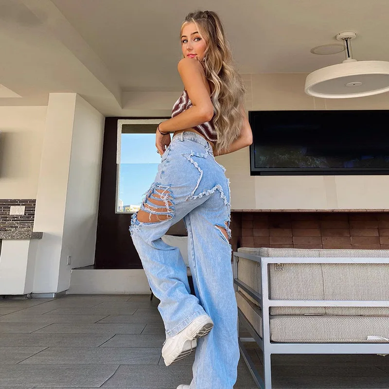 High Waist Straight Women Street Wear Fashion Clothing Ripped Trousers Casual Chic Denim Distressed Jeans Pants, Blue
High Waist Straight Women Street Wear Fashion Clothing Ripped Trousers Casual Chic Denim Distressed Jeans Pants, Blue