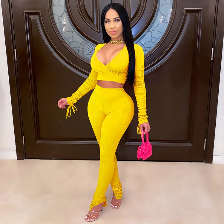 V Neck Ruched Sleeve 2 Piece Pants Set Womens Long Sleeve Crop Top Set Outfit Women Clothes -PT, Blue,rose red,black,yellow
V Neck Ruched Sleeve 2 Piece Pants Set Womens Long Sleeve Crop Top Set Outfit Women Clothes -PT, Blue,rose red,black,yellow