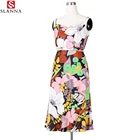 Slanna Summer Women Satin Mid-Calf Dresses With Floral Printing Ladies Sleeveless Bodycon Dresses Causal Dress