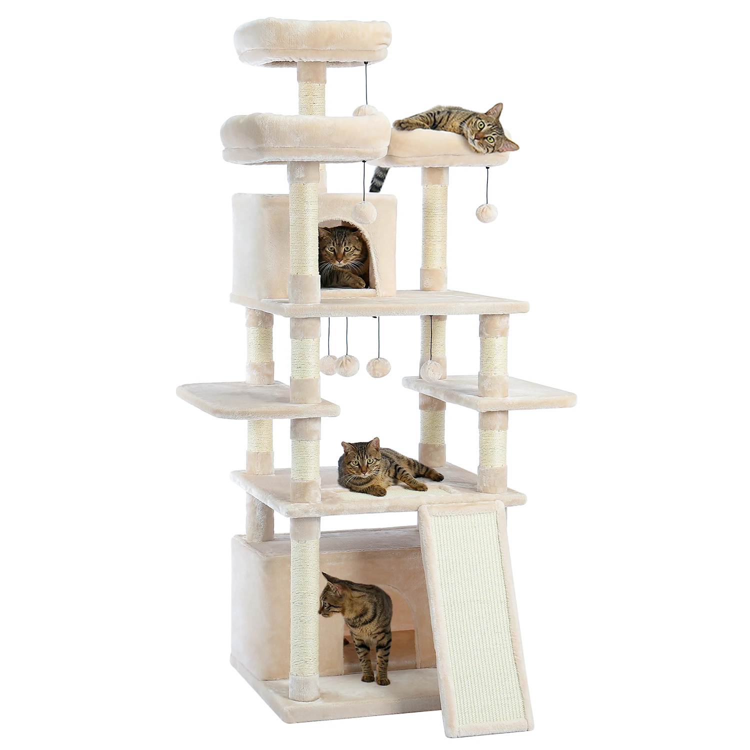 

67 Inch Multi-Level Cat Tree Tower for Large Cats with Cozy Perches and Dangling Balls Gray cat tower