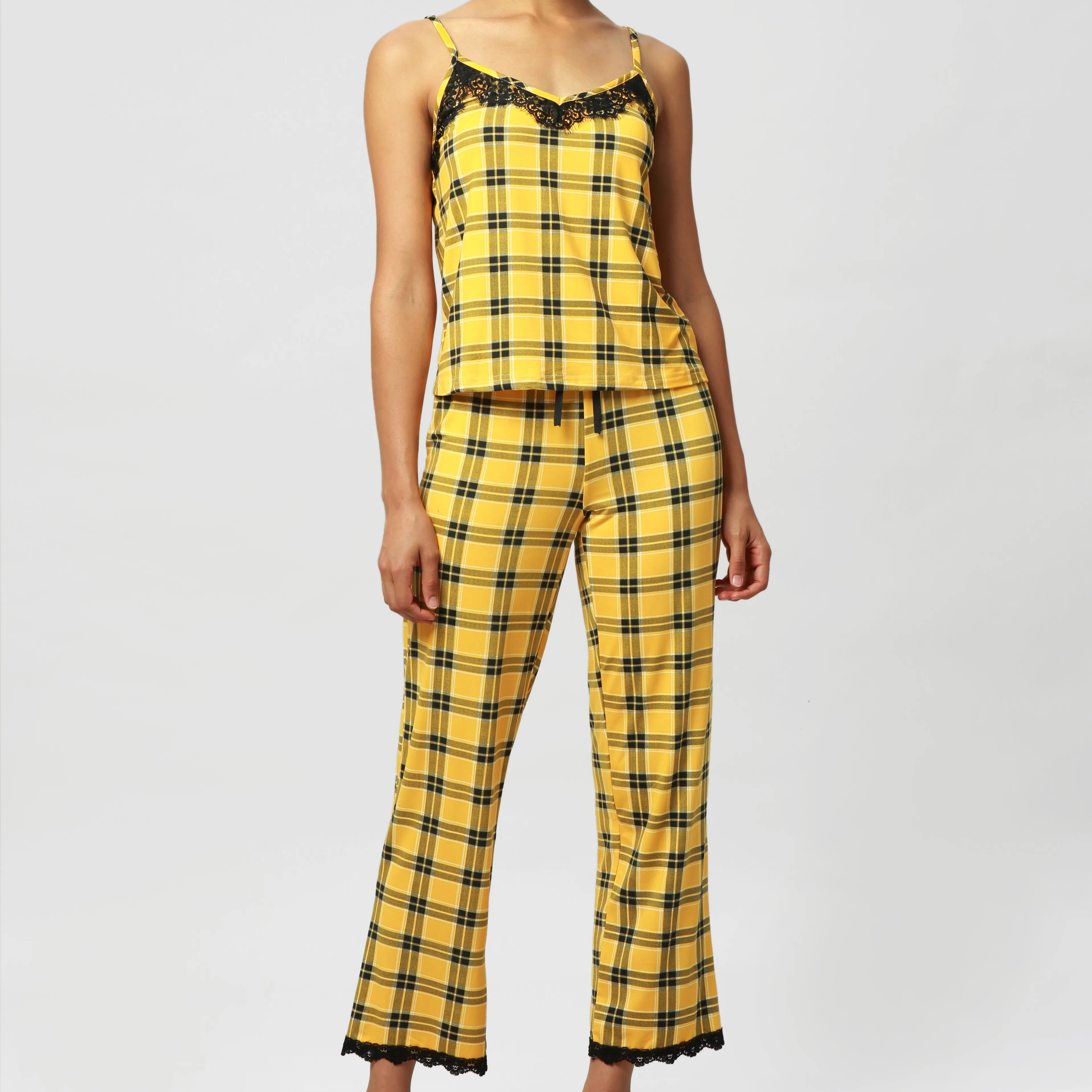 Hot summer comfortable cami top new design pyjama dentelle ladies sleepwear 2 piece plaid printing pajamas loungewear for women, Yellow 
Hot summer comfortable cami top new design pyjama dentelle ladies sleepwear 2 piece plaid printing pajamas loungewear for women, Yellow
