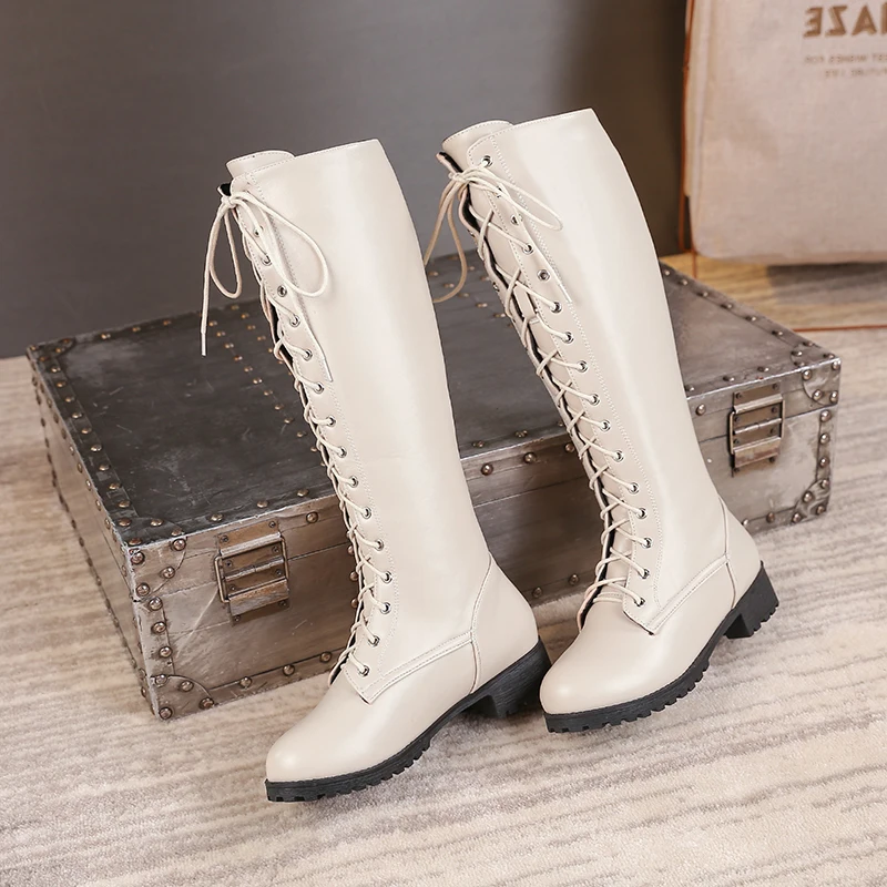 Winter Round Head Solid Color Lace-up Low Heel Ladies Knee Boots Women Riding Boots Large Size, Black/ecru
Winter Round Head Solid Color Lace-up Low Heel Ladies Knee Boots Women Riding Boots Large Size, Black/ecru