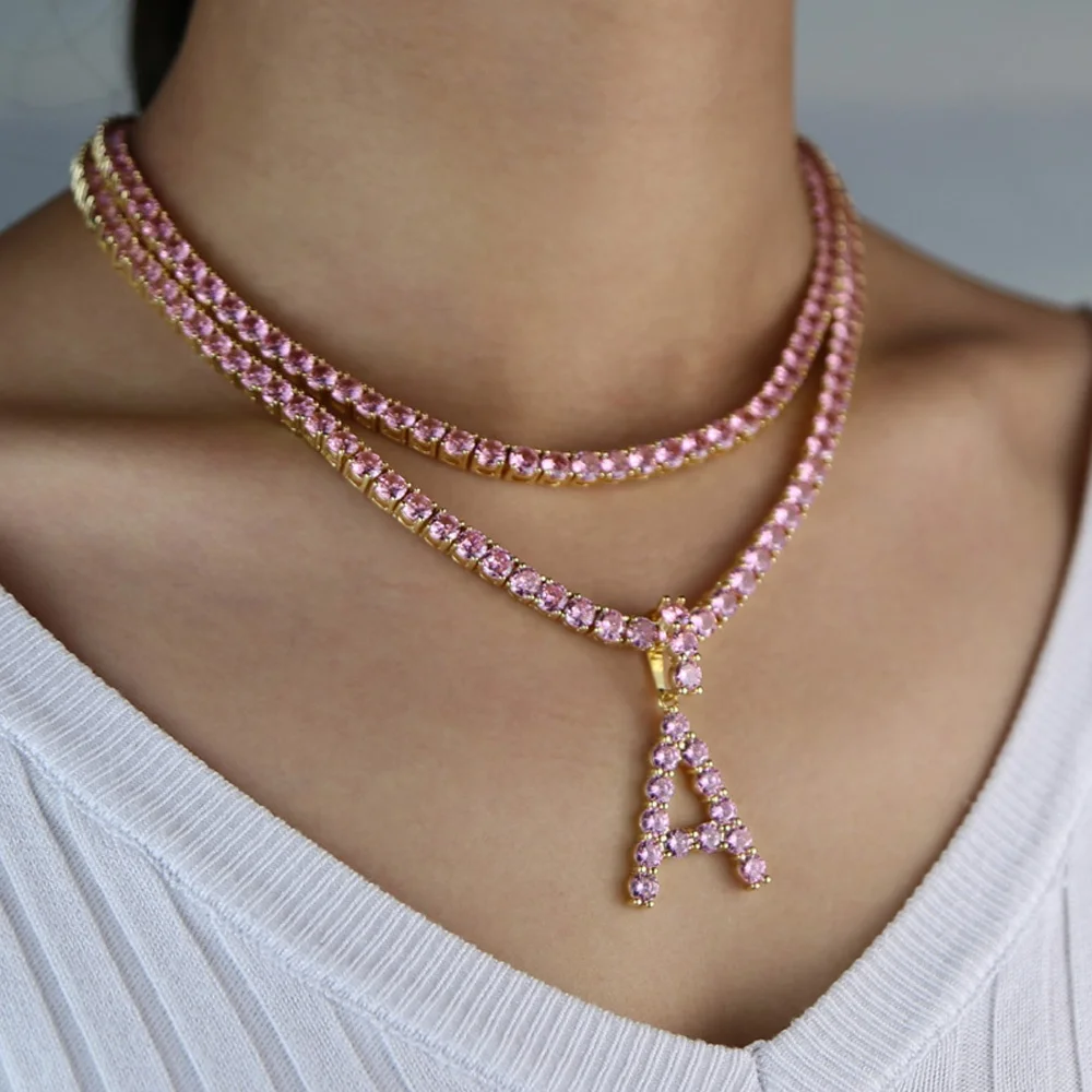 in stock white pink cubic zirconia cz initial pendant 5mm cz tennis chain diamond letter necklace hip hop women men jewelry, Customized
in stock white pink cubic zirconia cz initial pendant 5mm cz tennis chain diamond letter necklace hip hop women men jewelry, Customized