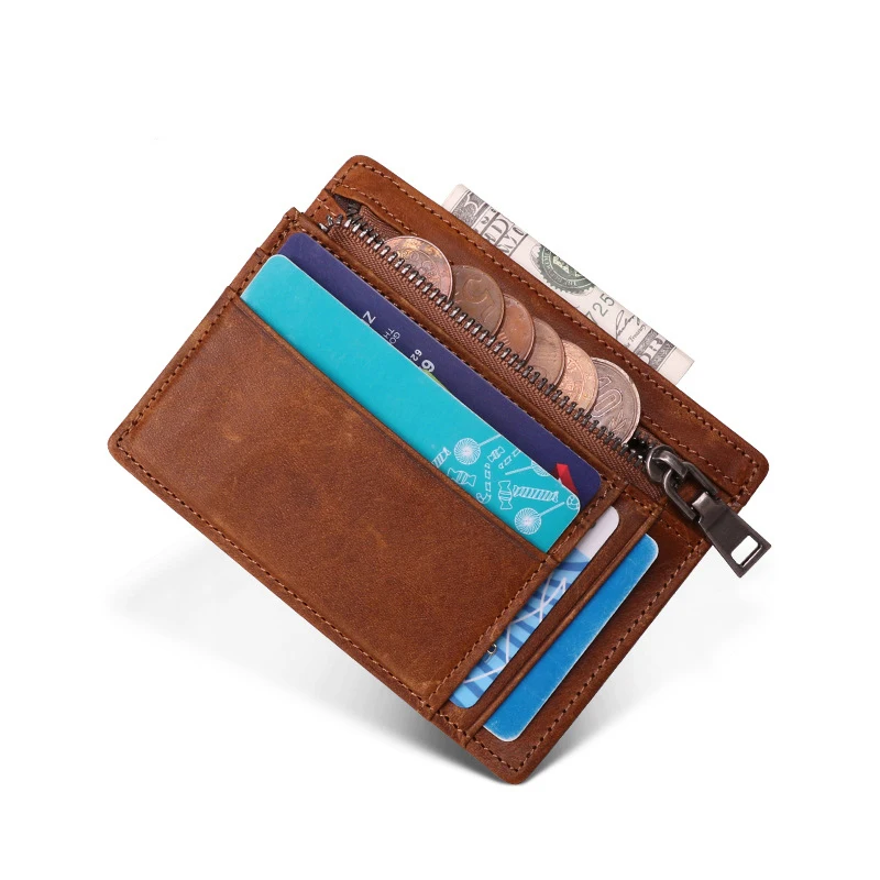 Men Mini Wallet Front Pocket Zipper Slim Leather Card Holder Wallet