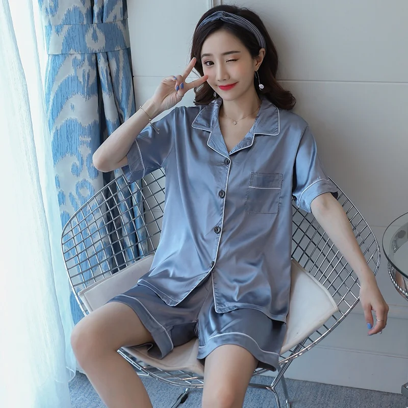 Summer female Satin Turn-down Collar short sleeved Elegant Pajama Women silk short Sleeve sleepwear Set, Gray
Summer female Satin Turn-down Collar short sleeved Elegant Pajama Women silk short Sleeve sleepwear Set, Gray