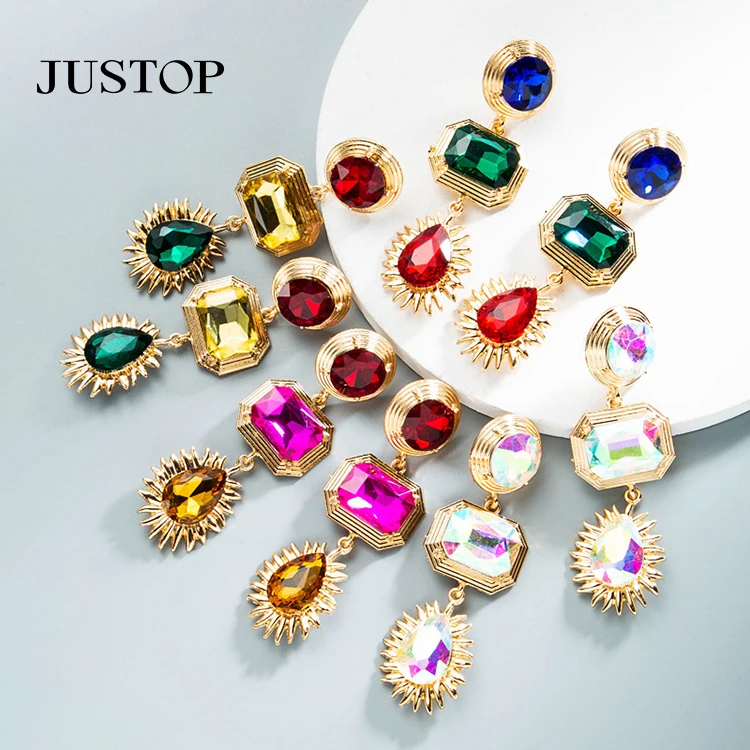 

Luxury Fashion Dangle Earring Geometric Gold Multicolored Rhinestone Tassel Statement Drop Earrings Jewelry Women Gift