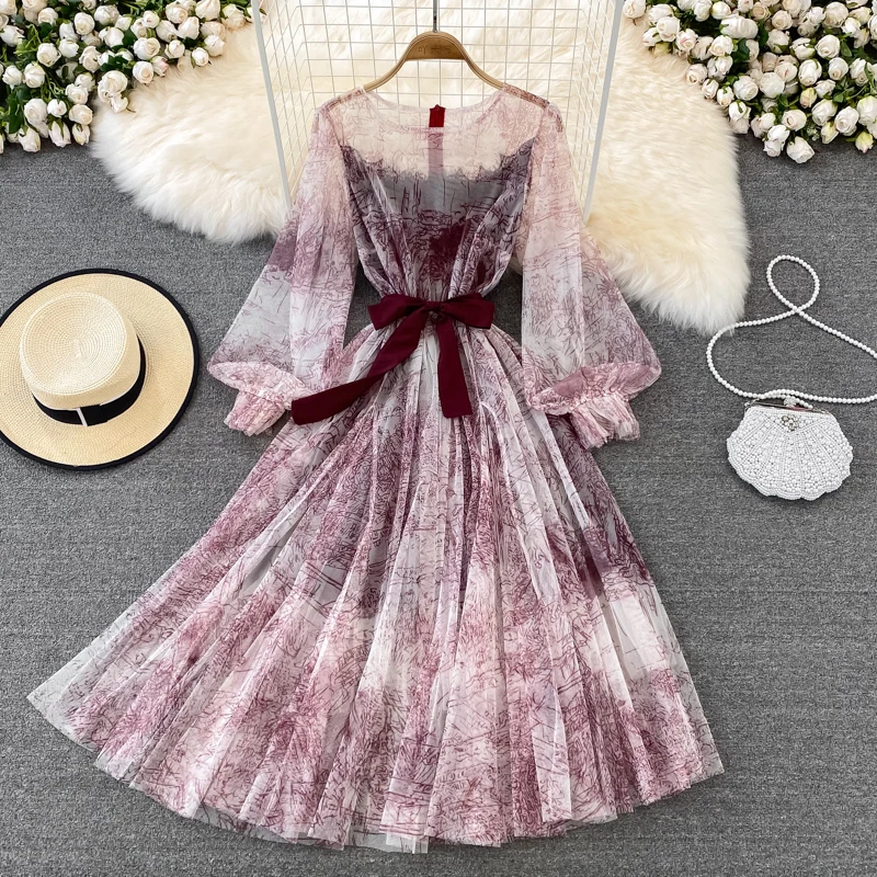 Ink retro puff sleeve waist slimming round neck mesh dress elegant temperament large swing dress, Black,blue,purple,white,pink,yellow
Ink retro puff sleeve waist slimming round neck mesh dress elegant temperament large swing dress, Black,blue,purple,white,pink,yellow