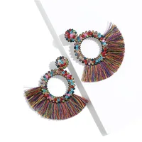 

New Fashion Handmade Bohemia Ethnic Tassel Jewelry Long Silk Thread Tassel Earrings With Colored Crystal Beads For Women