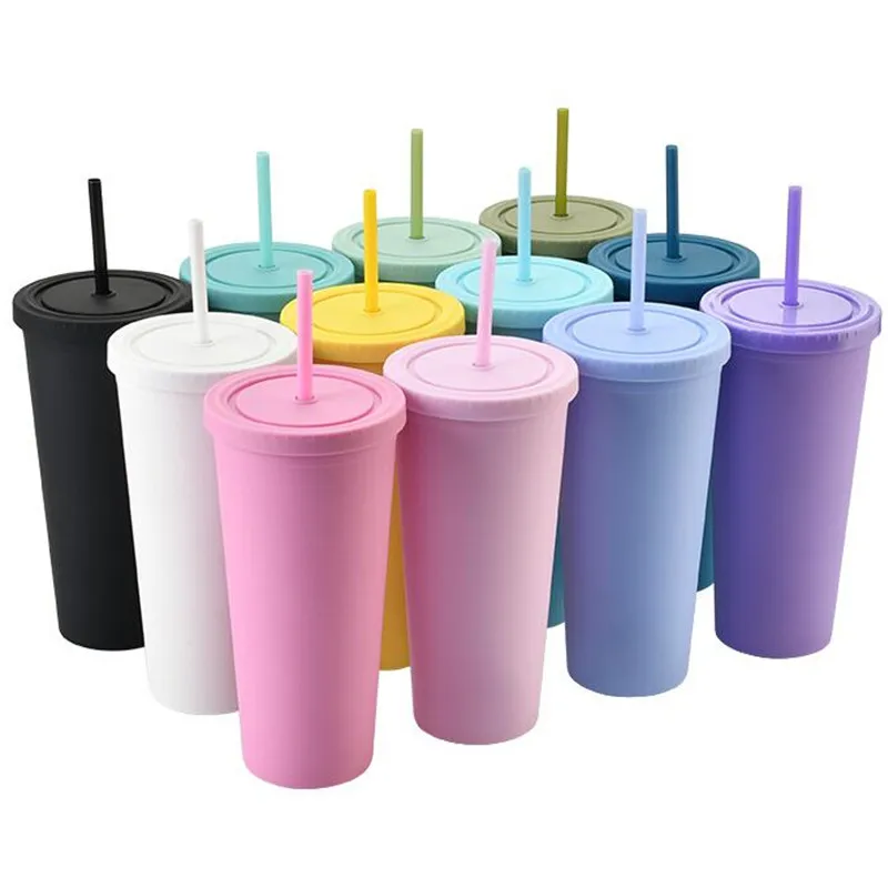 

Amazon Custom Logo 16oz Double Wall Insulated Plastic Coffee sublimation Tumbler Drinking Matte plastic water bottle with straw, Customized color