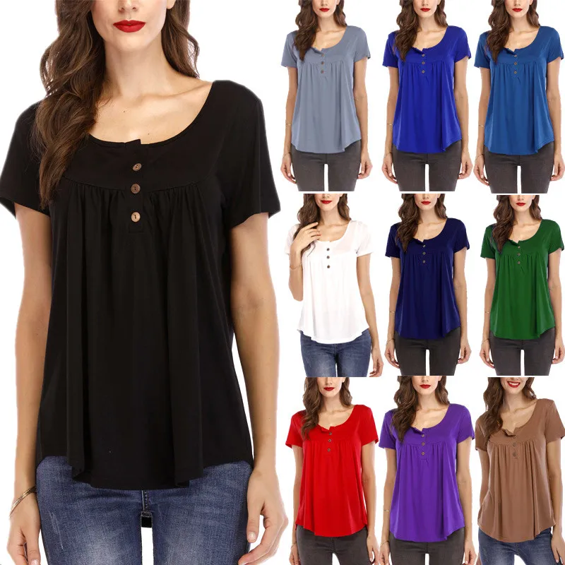 2021 Cross border European and American new women's Plus Size clothing Amazon pleated button loose short sleeve T-shirt, Picture
2021 Cross border European and American new women's Plus Size clothing Amazon pleated button loose short sleeve T-shirt, Picture