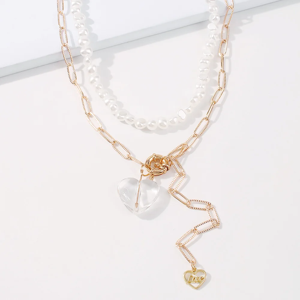 European Hot Sale Double Layers Pearl Choker Necklace Long Link Chain Resin Acrylic Heart Shape Pendant Necklace, As picture show
European Hot Sale Double Layers Pearl Choker Necklace Long Link Chain Resin Acrylic Heart Shape Pendant Necklace, As picture show