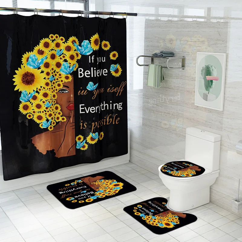 Bathroom Decor 4 Piece Set Sunflower African Girl Melanin Woman Bathroom Shower Curtain and Mat
Bathroom Decor 4 Piece Set Sunflower African Girl Melanin Woman Bathroom Shower Curtain and Mat