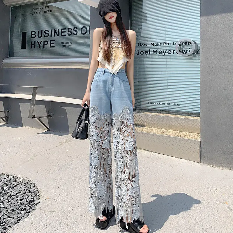 Wholesale 2023 Summer High Waist Wide Leg Pants New Versatile Hollow Lace Spliced Denim Drop Pants Women's Pants
Wholesale 2023 Summer High Waist Wide Leg Pants New Versatile Hollow Lace Spliced Denim Drop Pants Women's Pants