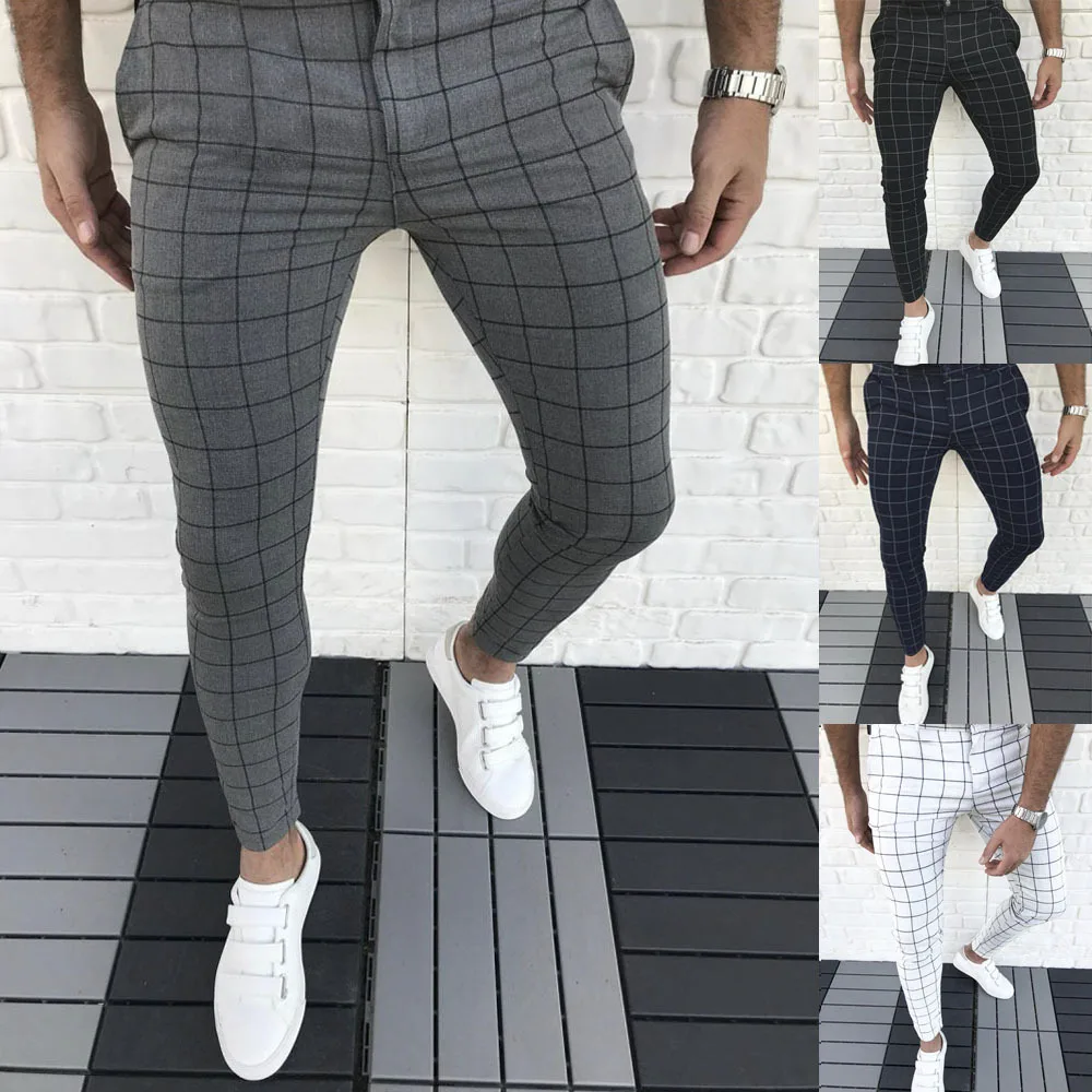 

Z15 New Arriving Khaki Check Pants Wholesale Super Stretchy Grey Plaid Chinos Slim Fit Chino Trousers Men