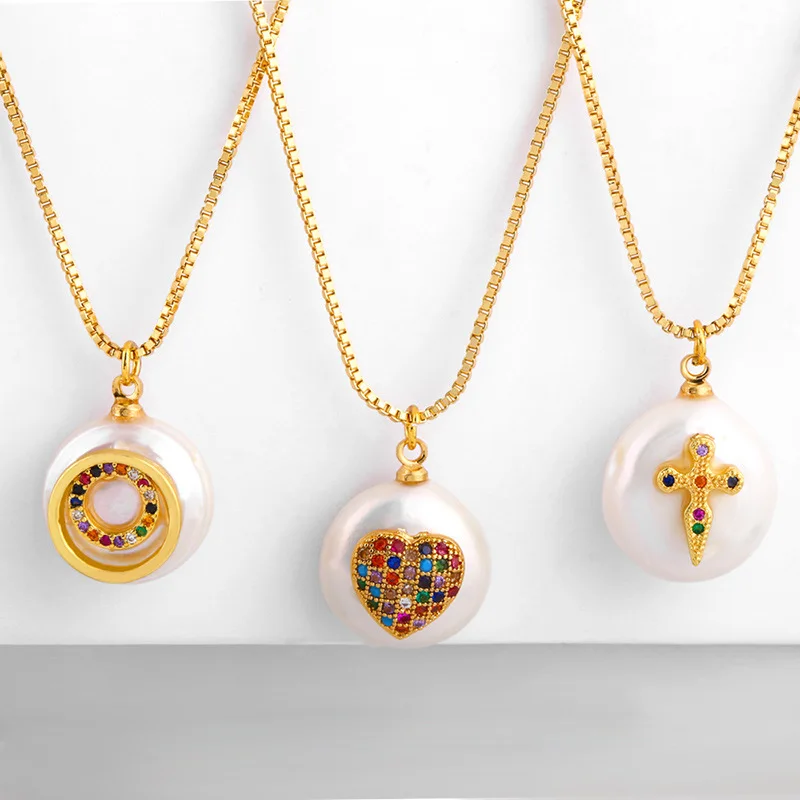 New Arrival 18k Gold Plated Colorful Zirconia CZ Micro Paved Cross Heart Pattern Natural Pearl Pendant Necklace, Gold plating 
New Arrival 18k Gold Plated Colorful Zirconia CZ Micro Paved Cross Heart Pattern Natural Pearl Pendant Necklace, Gold plating