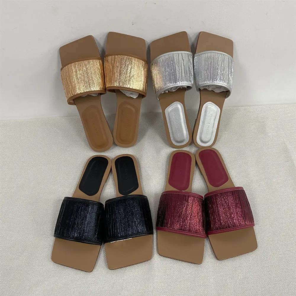 European women pleated outdoor sexy slippers slip on comfortable fit sandals, Black silver golden rose red or customized
European women pleated outdoor sexy slippers slip on comfortable fit sandals, Black silver golden rose red or customized