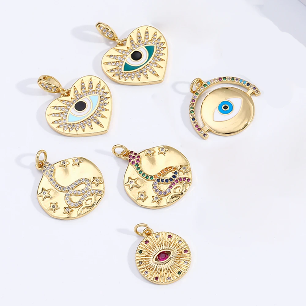 Hot selling gold plated inlaid zircon jewelry charms evil blue eye pendant snake charms heart round shape pendant jewelry making
Hot selling gold plated inlaid zircon jewelry charms evil blue eye pendant snake charms heart round shape pendant jewelry making
