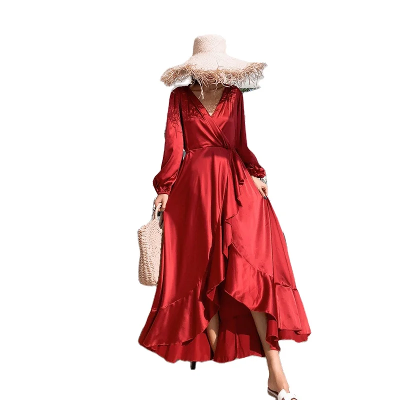 Wholesale Women Fashion Vontage Red Color Deep Cross V Neck Irregular Ruffle Decoration Stylish Back Long Dress
Wholesale Women Fashion Vontage Red Color Deep Cross V Neck Irregular Ruffle Decoration Stylish Back Long Dress