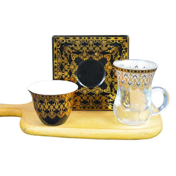 Arabic 18-piece black Turkish tea set, glass coffee set, tea holder ceramic cup with gift box
Arabic 18-piece black Turkish tea set, glass coffee set, tea holder ceramic cup with gift box