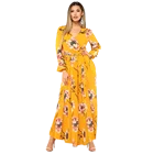 new style yellow elegant floral chiffon long sleeve causal dress