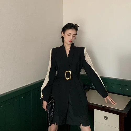 Spring autumn fashion jacket casual women long sleeve patchwork blazers woman outerwear with belt casual coat
Spring autumn fashion jacket casual women long sleeve patchwork blazers woman outerwear with belt casual coat