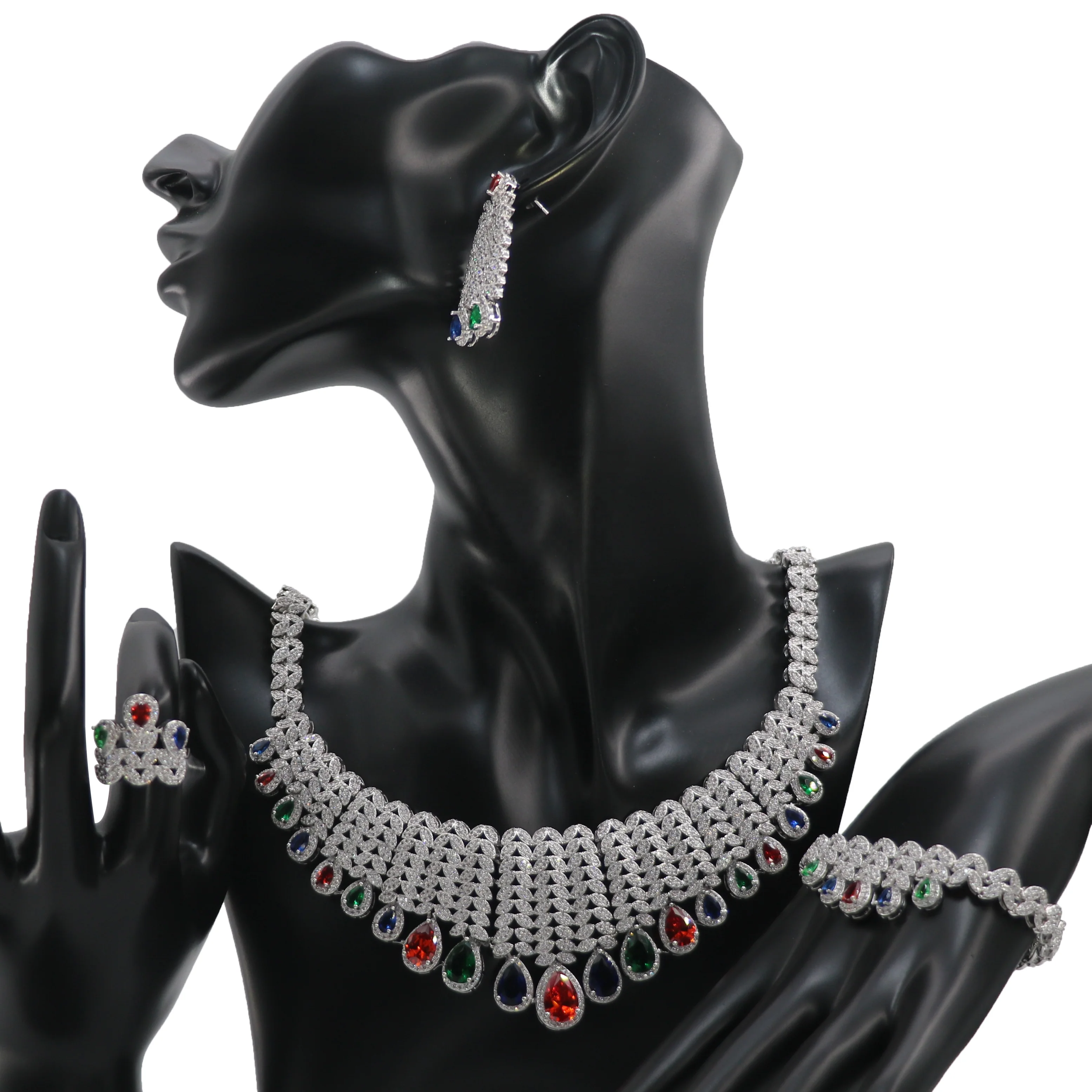 Bedazzled jewelry luxury sets wedding bridal accessories rhodium plated water drop zircon mix color stone 4 piece jewelry sets
Bedazzled jewelry luxury sets wedding bridal accessories rhodium plated water drop zircon mix color stone 4 piece jewelry sets