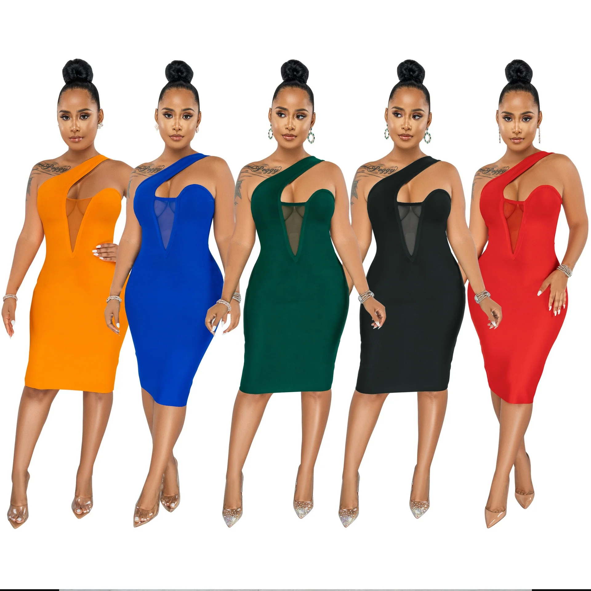 Amazon Fashion Ladies Sexy Zipper Women Mesh Dresses One Shoulder Bandage Dress