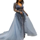 Dubai Women Formal Evening Dresses 2019 Blue Lace Beading Sheer Long Sleeve Mermaid Prom Dress With Detachable Train