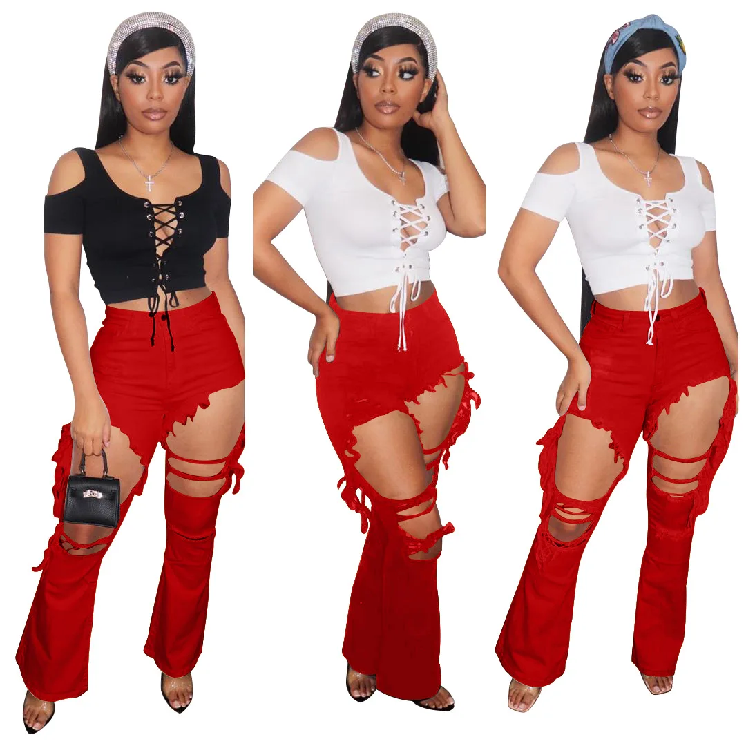 2021 fashion personality of women's wear in autumn and winter ripped slim flared jeans
2021 fashion personality of women's wear in autumn and winter ripped slim flared jeans