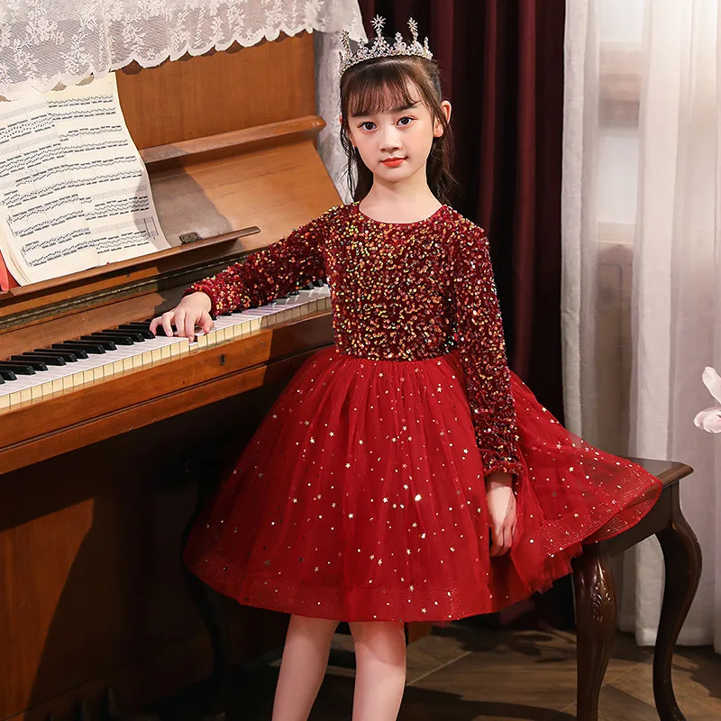 

LZH Sequined Long sleeve Red Tutu Dress 3-12years Kids girls Christmas dresses For Children