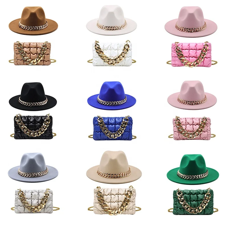 Wholesale Crossbody Purses and Handbags Matching Fedora Hat Ladies Chain Hand Bags Luxury Fedora Hat and Purse Set for Women
Wholesale Crossbody Purses and Handbags Matching Fedora Hat Ladies Chain Hand Bags Luxury Fedora Hat and Purse Set for Women
