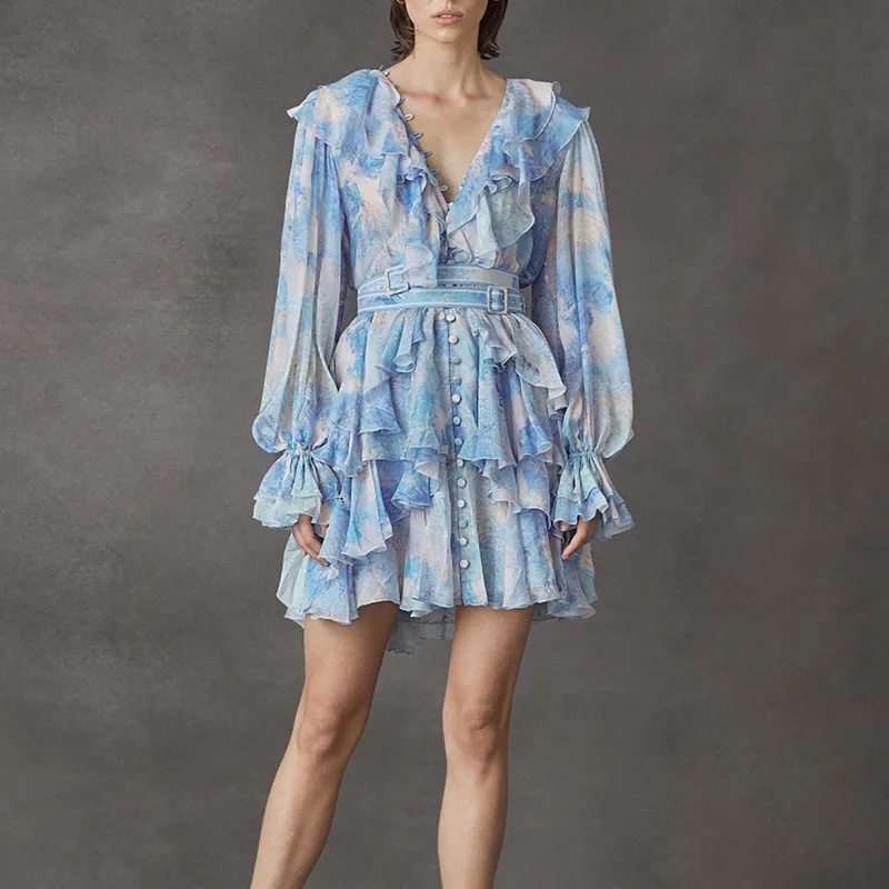 2021 spring and summer new women's dress ruffled long-sleeved v-neck chiffon dress print cake dress, Blue,pink
2021 spring and summer new women's dress ruffled long-sleeved v-neck chiffon dress print cake dress, Blue,pink