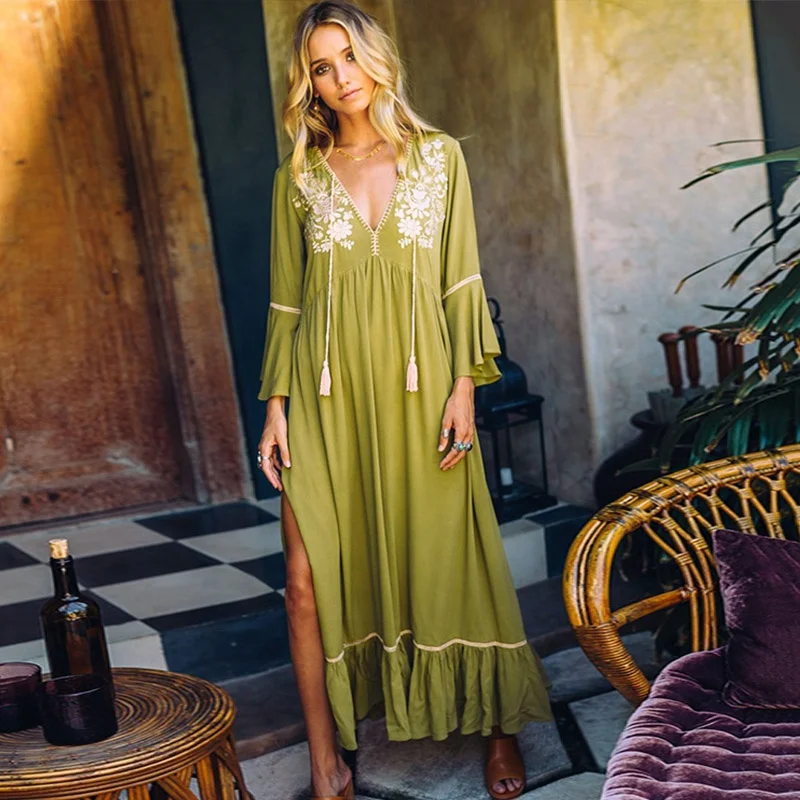 2019 European Fashion Elegant Bohemian Floral Embroidery Tassels Clothing Women Long Maxi Dress, Olivine
2019 European Fashion Elegant Bohemian Floral Embroidery Tassels Clothing Women Long Maxi Dress, Olivine