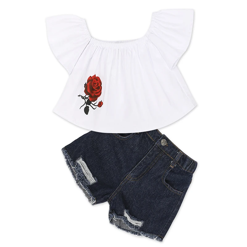 2pcs kids clothing set white rose tops Jeans shorts summer children cloth sets wholesale girls clothes, As picture
2pcs kids clothing set white rose tops Jeans shorts summer children cloth sets wholesale girls clothes, As picture
