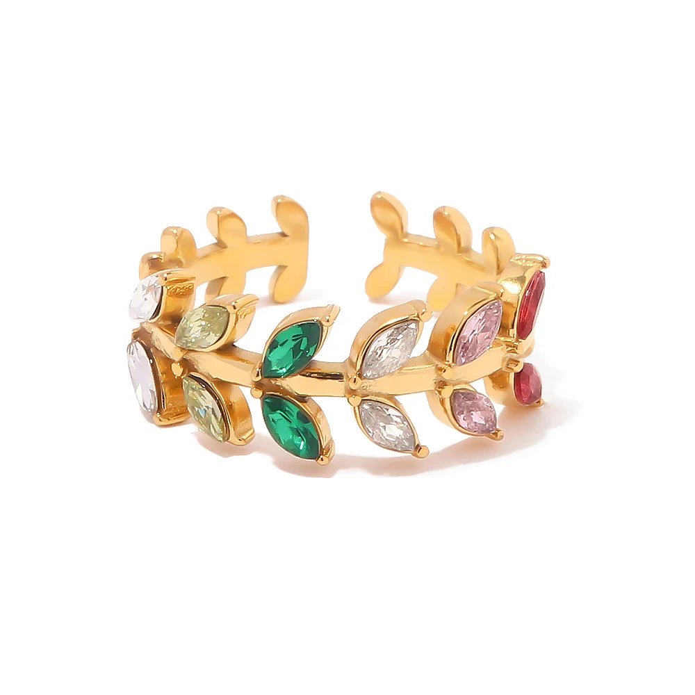 New Trendy Stainless Steel Colorful Jewelry Gift Charm 18K Gold Plated Cubic Zirconia Opening Leaf Rings for Women
New Trendy Stainless Steel Colorful Jewelry Gift Charm 18K Gold Plated Cubic Zirconia Opening Leaf Rings for Women
