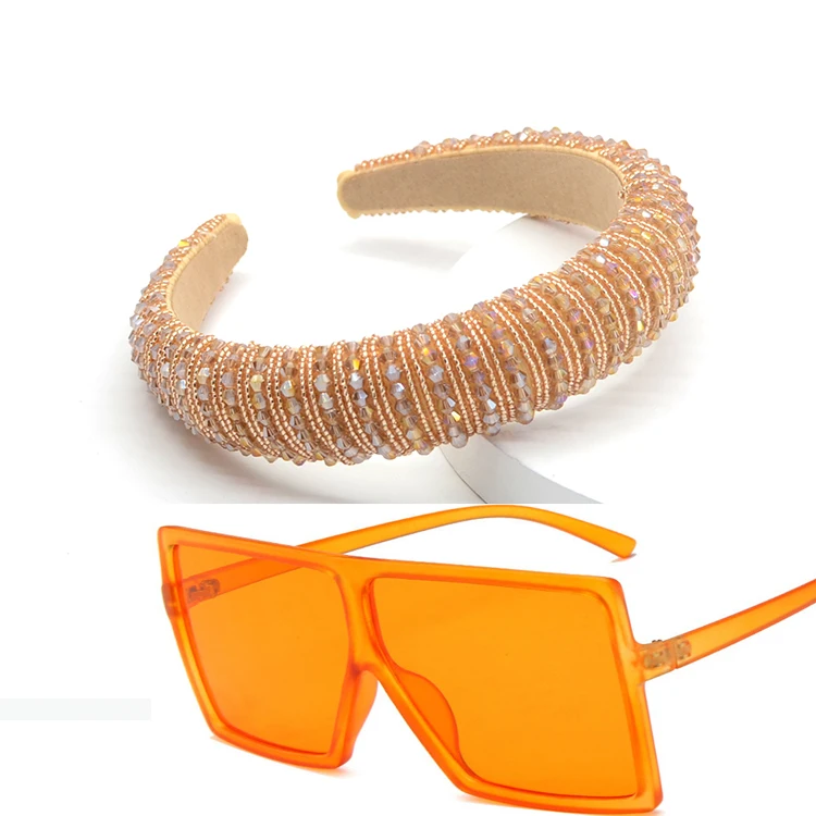 

Hot Selling Bling Bling Rhinestone Luxury Designer Headbands sets Square Sunglasses with Matching Purses