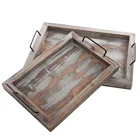 wooden tray Set of 2 Country Rustic Brown Wood Finish Rectangular Nesting Serving Trays w/Metal Handles