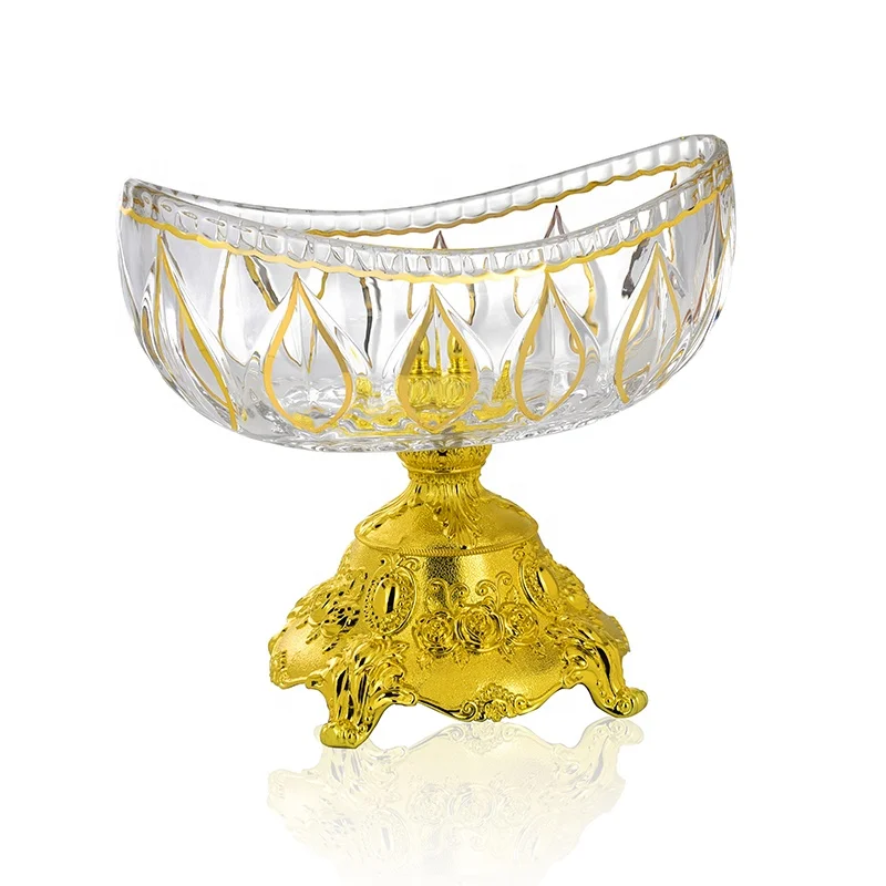 Luxury vintage fruit bowl boat shape crystal glass and gold bowl with metal base footed
Luxury vintage fruit bowl boat shape crystal glass and gold bowl with metal base footed